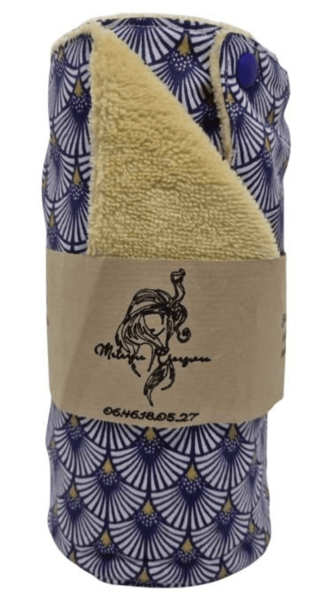 Rouleau d’essuie-tout réutilisable en coton et tissu bambou - Motif Géométrique bleu et moutarde 10 carrés